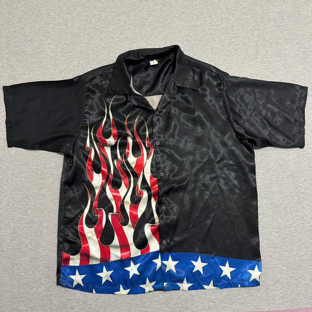 DMC Vintage American Flag Flame‎ Button Down Shirt Satin Black Mens Large